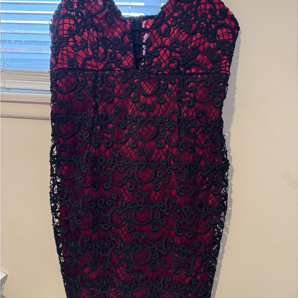 Liliana Black Lace Over Red Dress